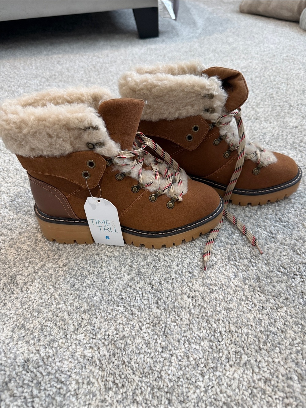 Time and Tru Tan Faux-Shearling Lace-Up Hiker Boots